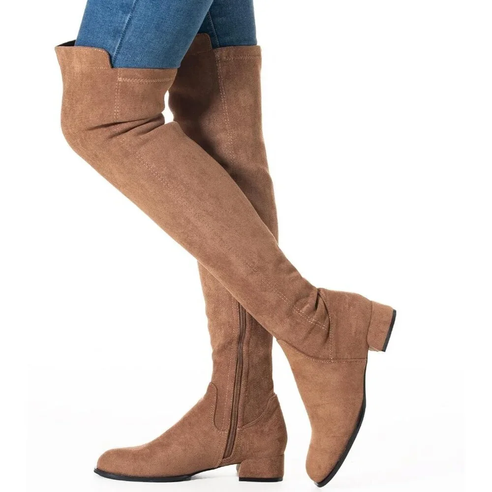 Women Brown/Flat Suede Over the Knee Thigh High Chunky Block Heel Winter Boots